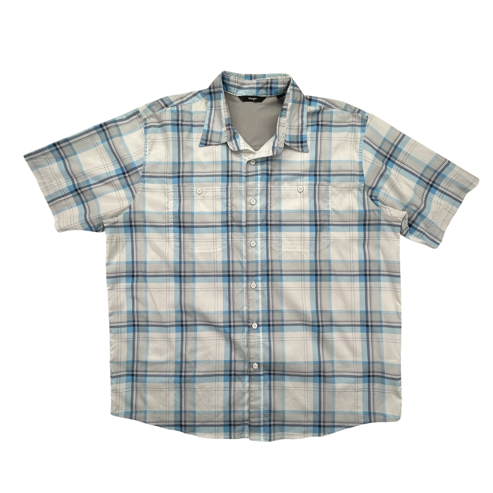 Wrangler Shirt Mens XL Plaid Short Sleeve Button Up Blue Gray Stretch Pockets